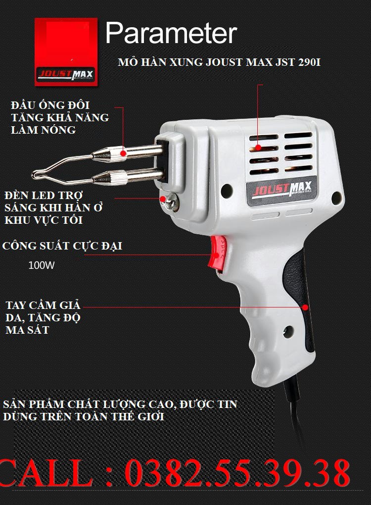 MỎ HÀN THIẾC CAO CẤP 100W JOUSTMAX JS2901 100% LÕI ĐỒNG TẶNG KÈM 1 MŨI HÀN BẢO HÀNH 12 THÁNG