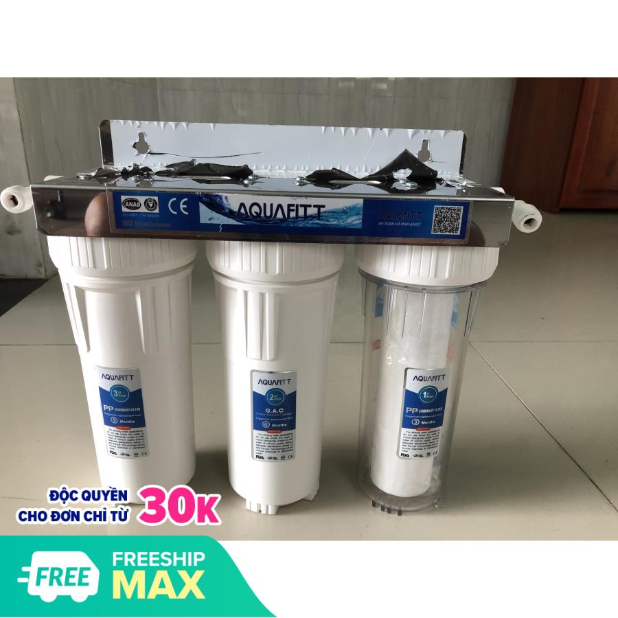 BỘ LỌC THÔ ĐẦU NGUỒN 3 cốc 10 INCH GIÁ BẰNG INOX TREO MÁY BỀN THEO THỜI GIAN