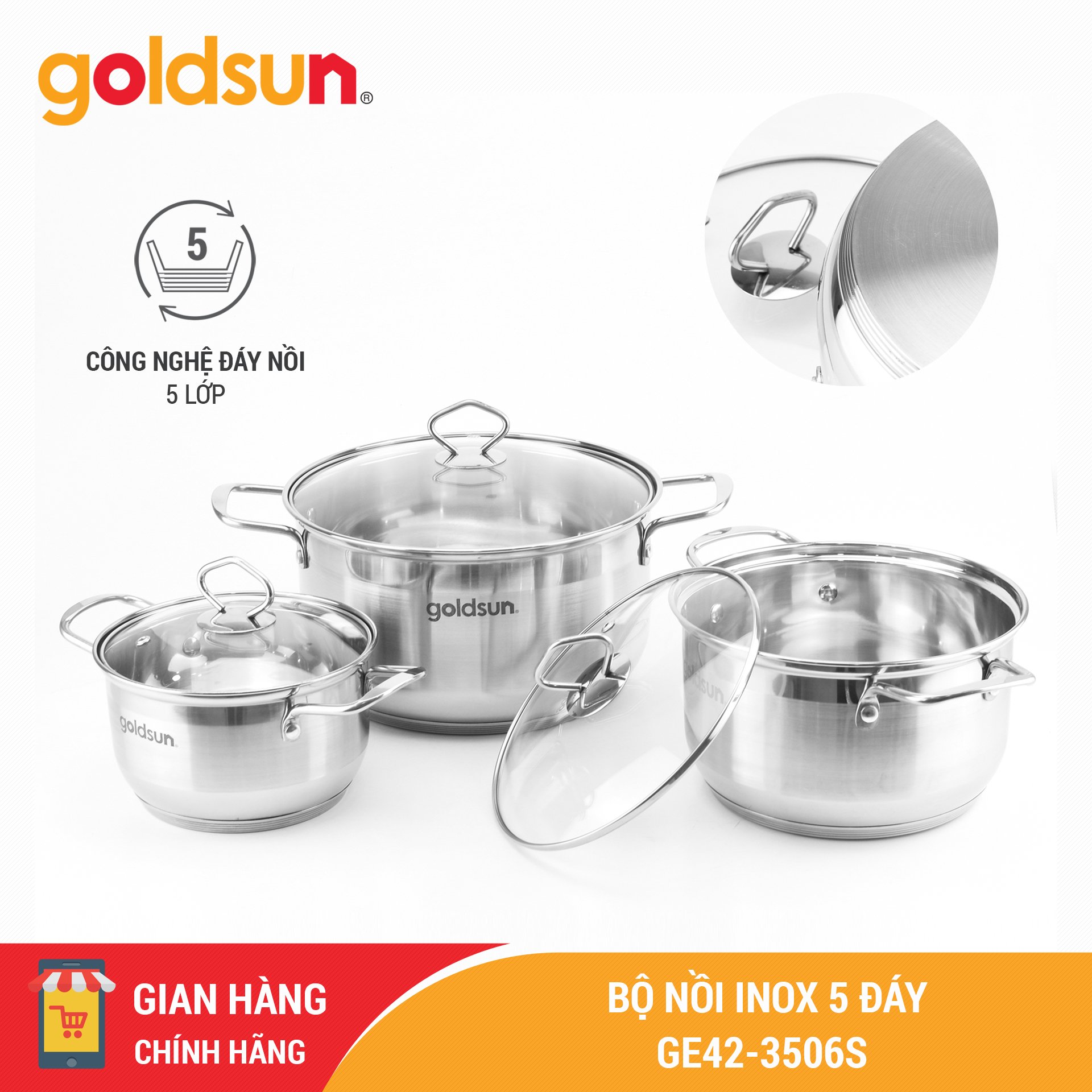 Bộ nồi Inox Goldsun 5 đáy GE42-3506SG Hàng chính hãng