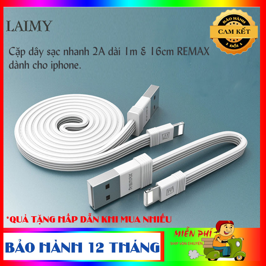 Cặp dây sạc nhanh 2a dài 1m & 16cm remax cho iphone ipad pin sạc dự phòng - laimy