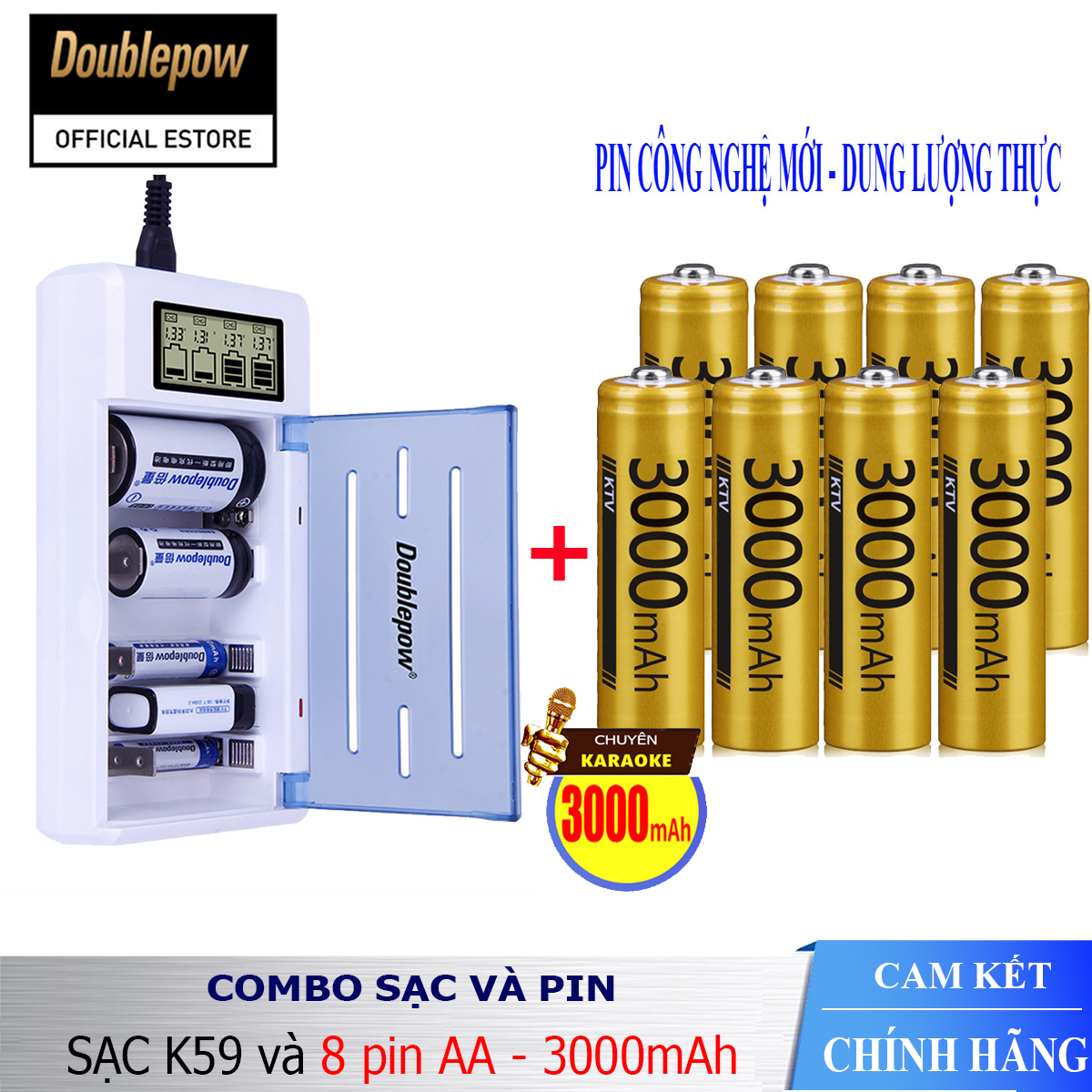 Combo sạc pin thông minh tự ngắt Doublepow DP-K59 và 8 viên pin AA 3000mAh vàng - Bảo hành chính hãng