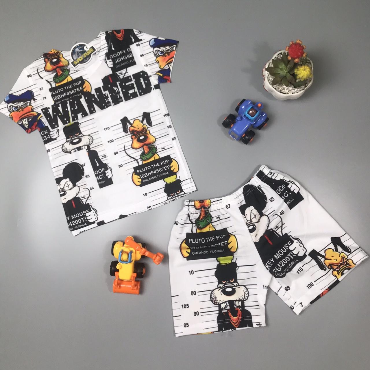Bộ thun Thái in 3D hình chó Wanted cho bé trai size trung từ 16kg đến 25kg