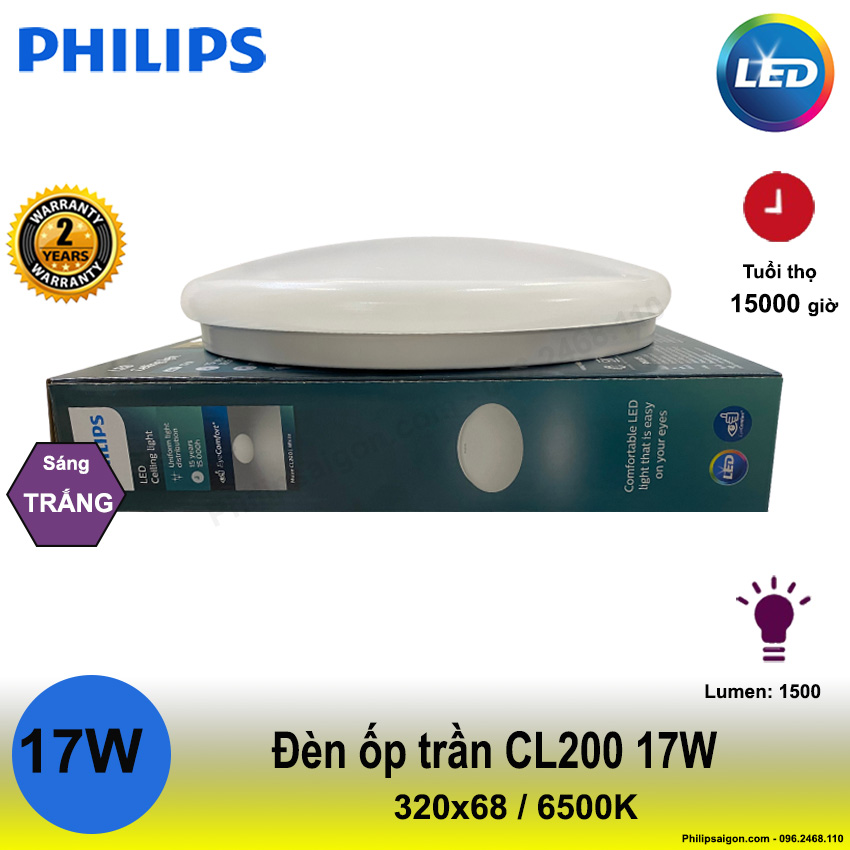 Đèn ốp trần Philips CL254 12W sáng trắng đố sáng cao hơn tiết kiệm 80% điện năng không hiện tượng ố vàng dễ vệ sinh và chống con trùng - bảo hành 24 Tháng