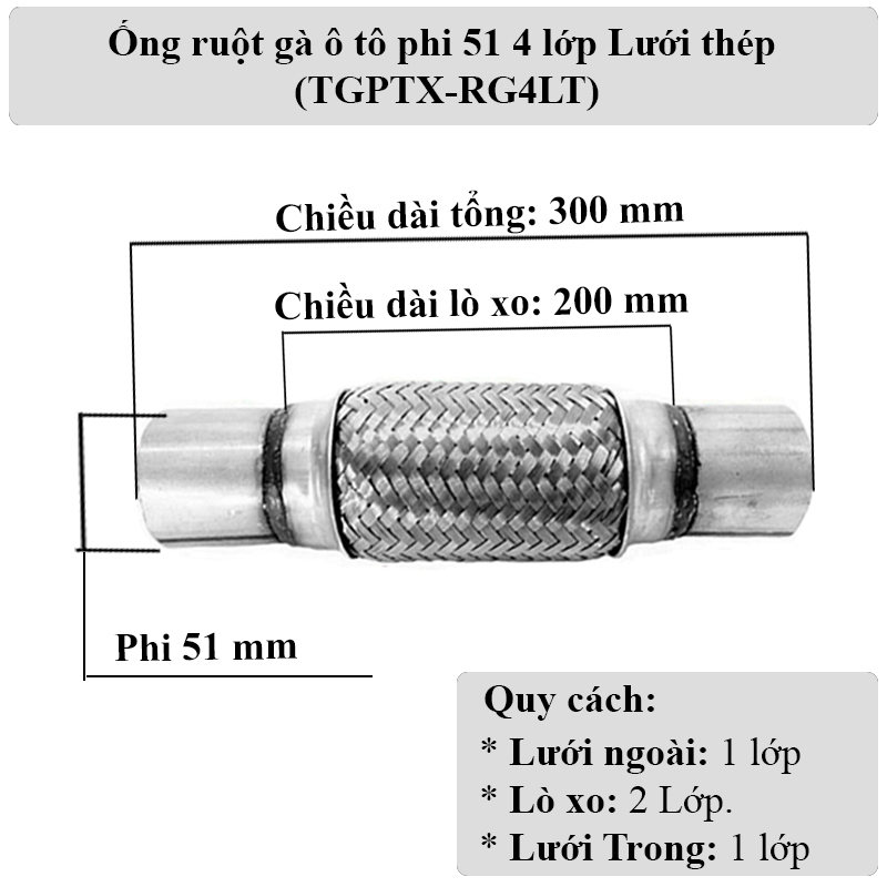 Ống ruột gà ô tô ống xả phi 51 (Đường kính 51) 4 lớp, lưới thép (xe 4->25 chỗ xe tải 750kg - 2T5)