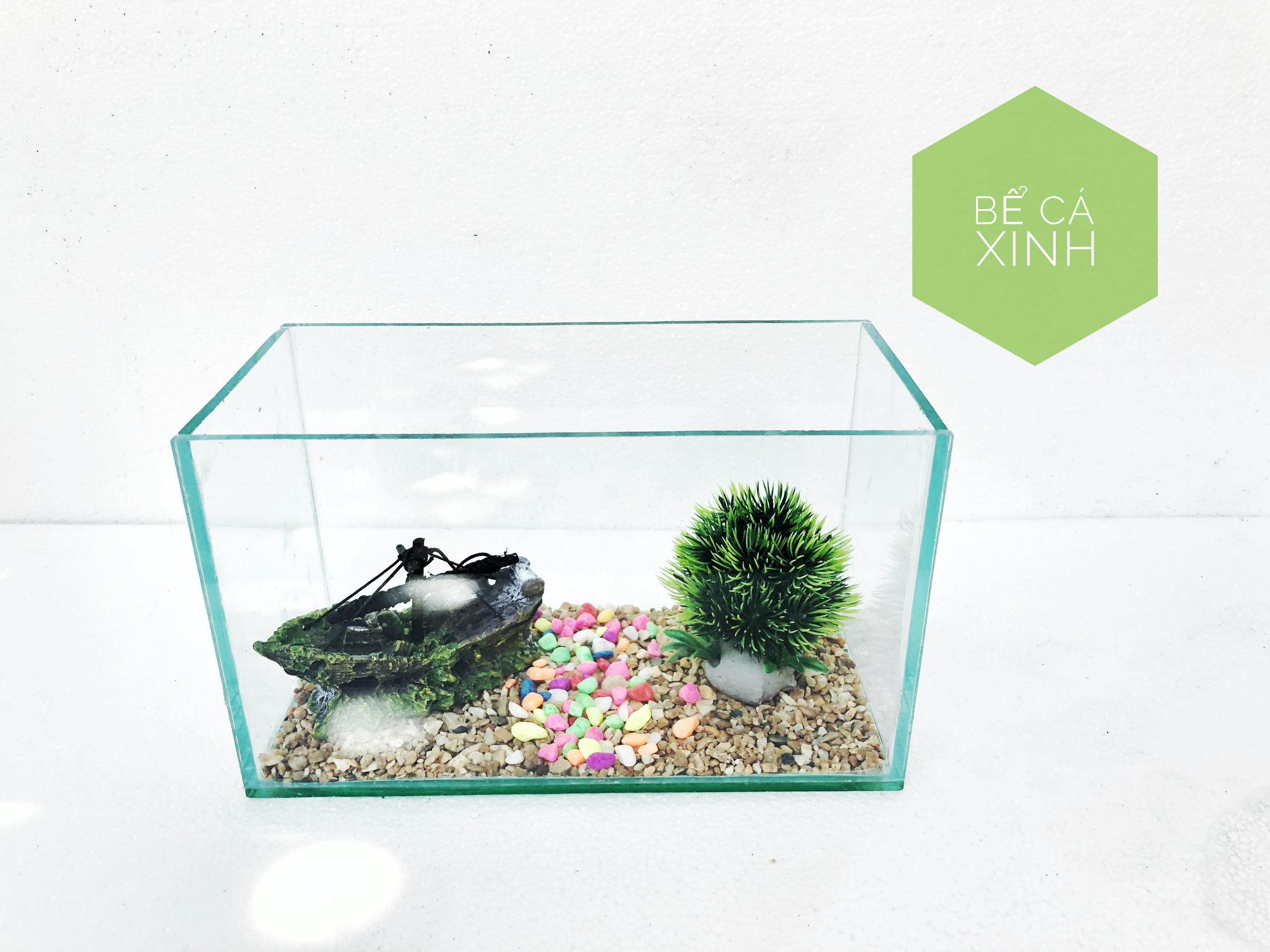 Set bể cá mini để bàn 25x13x15cm trang trí nhà cửa - kèm phụ kiện tàu đắm, cây nhựa hồ cá, thức ăn
