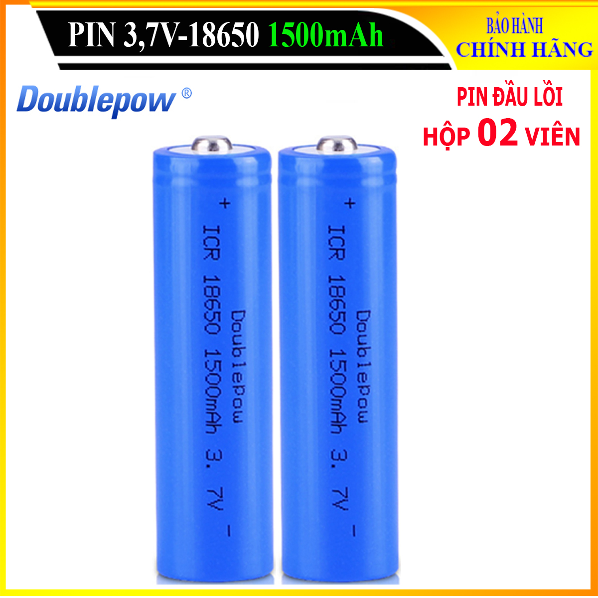 [Hộp 02 viên] Pin sạc Lithium 18650 - 1500mAh đầu lồi Doublepow, pin dung lượng thực