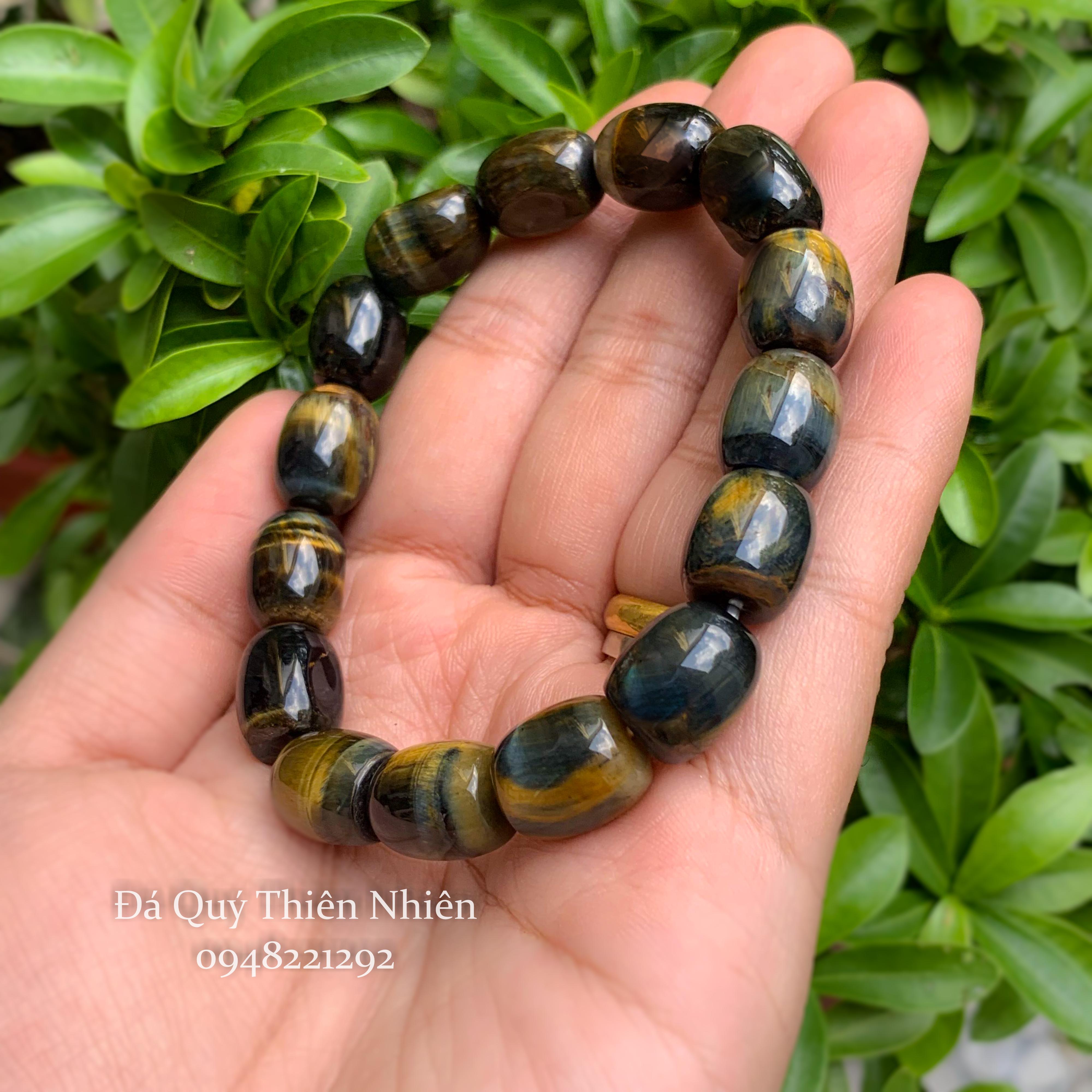 Vòng Tay Phong Thủy  Đá Tiger Eye Quartz Xanh Vàng Lu Thống Mang Tiền Tài 12ly