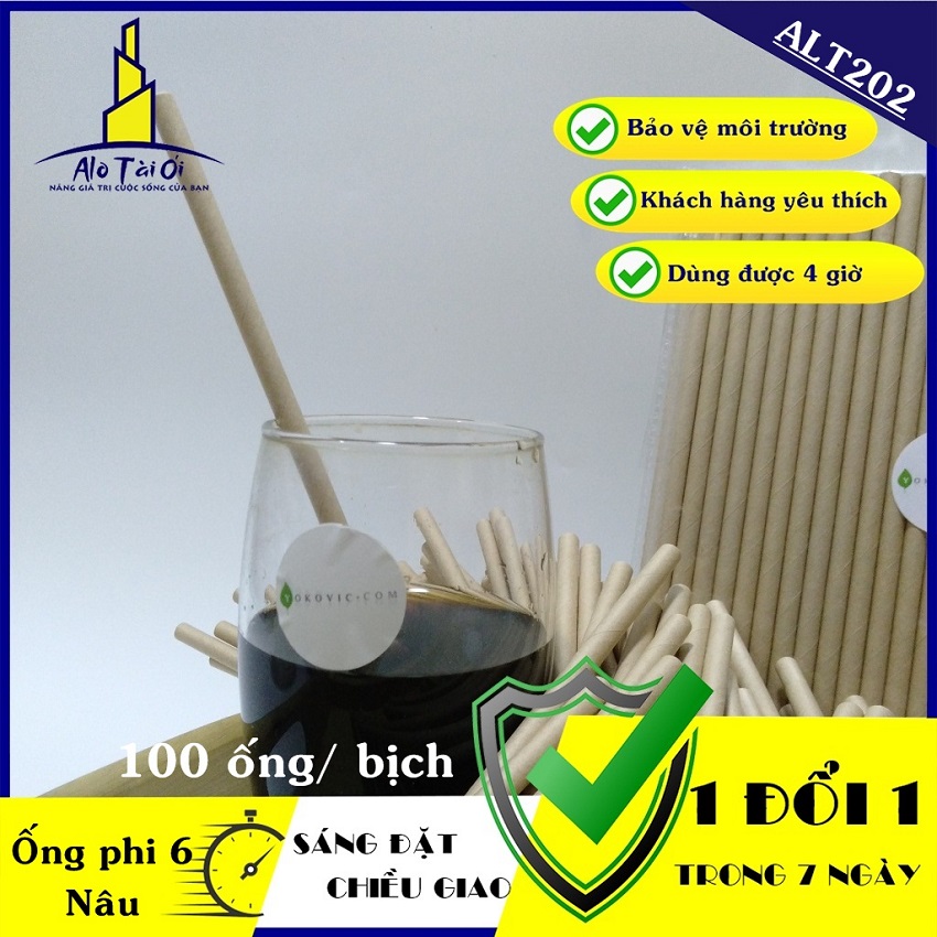 Ống hút giấy phi 6 (100 ống) màu Nâu (Kraft) ALT202 - Ống hút giấy Alô Tài Ơi bảo vệ môi trường.