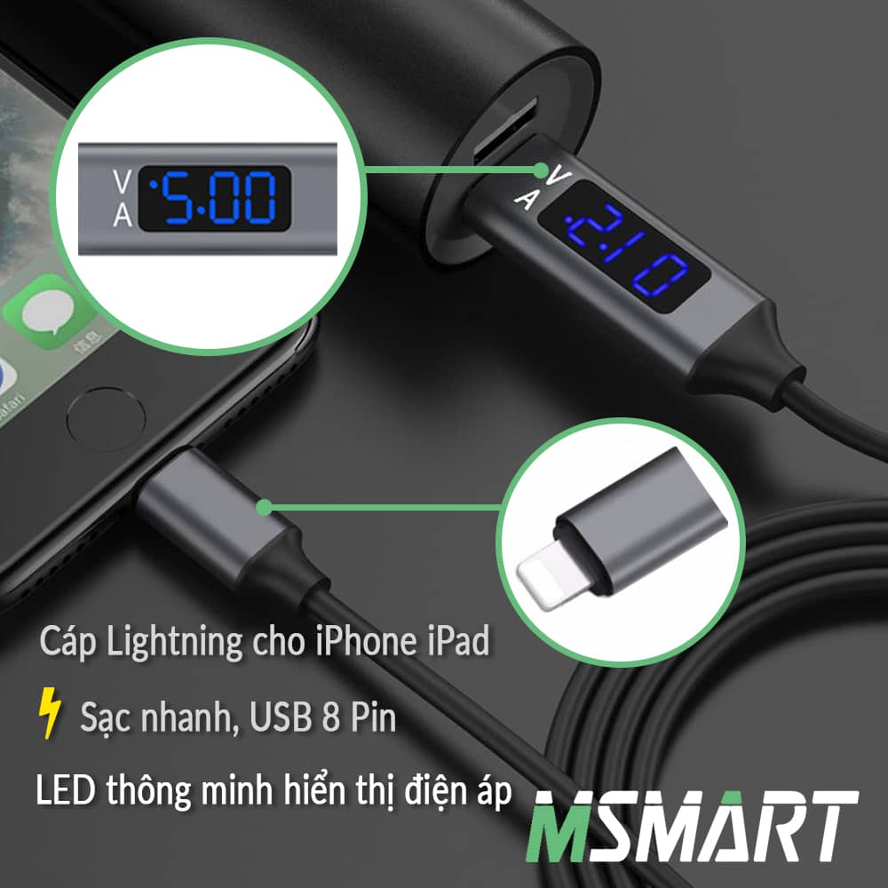 Cáp sạc dây sạc nhanh lightning cho iPhone iPad - Cáp USB 8 Pin - Màn hình thông minh hiển thị điện áp, truyền dữ liệu 480 Mbps, dây siêu bền bỉ và hiệu suất cao