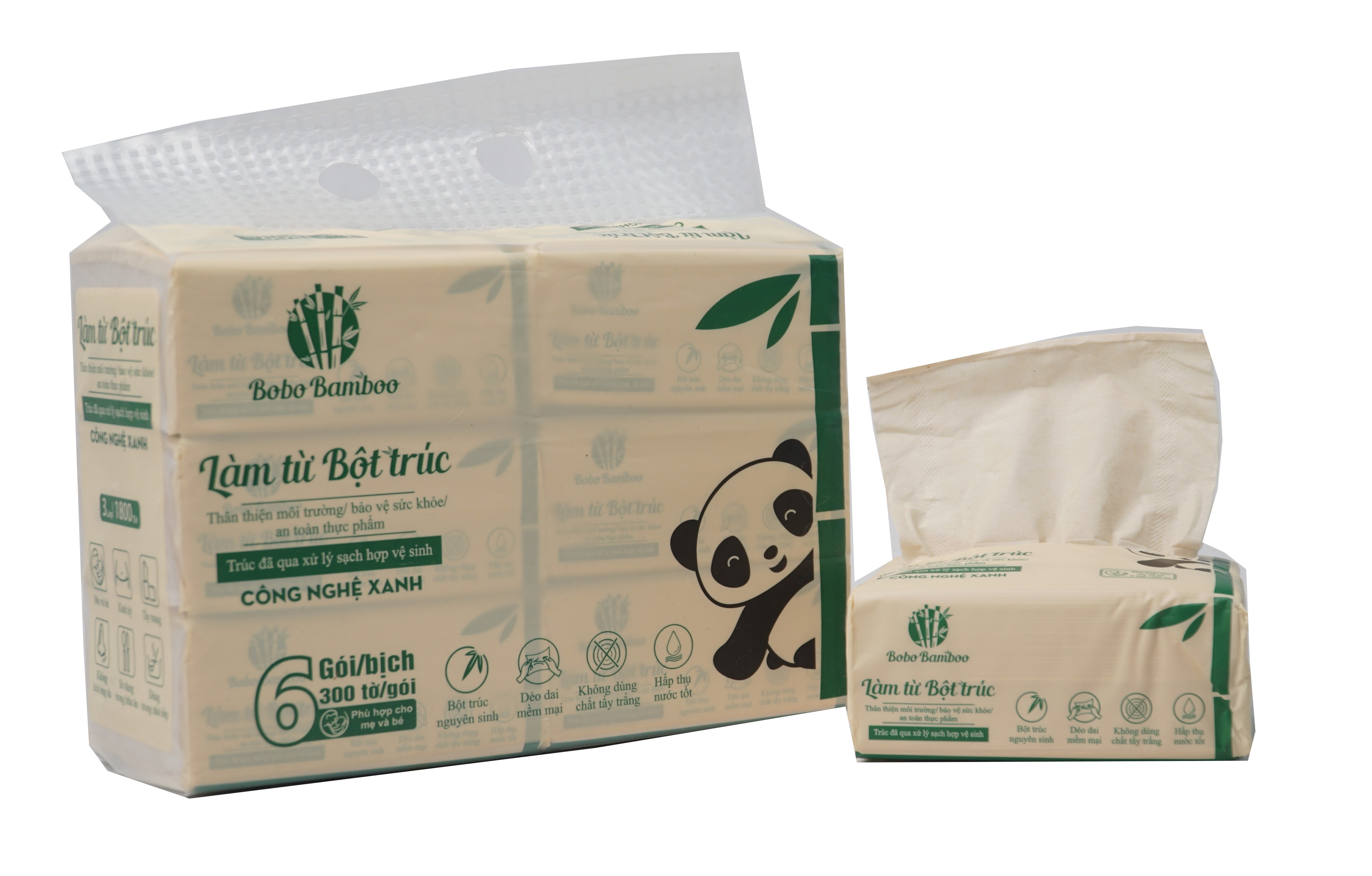 6 gói Giấy gấu trúc BOBO BAMBOO 100 tờ kích thước 115*180cm siêu dai, siêu thấm hút