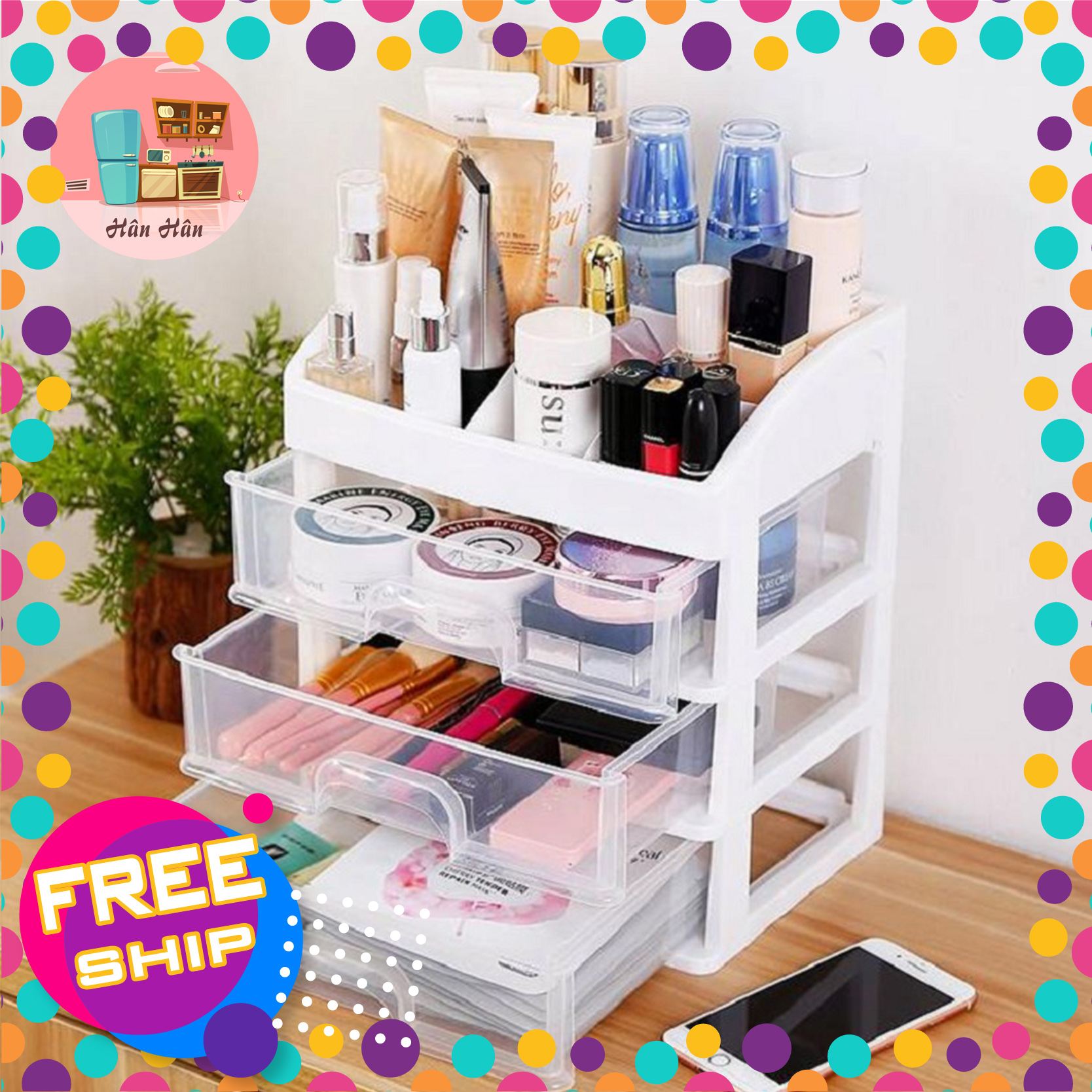 Kệ tủ đựng mỹ phẩm đồ trang điểm 4 tầng để bàn bằng nhựa trong suốt sang trọng với 3 ngăn kéo chất liệu nhựa PP bền thiết kế đẹp ngăn chứa đồ rộng rãi Hàng Việt Nam chất lượng cao