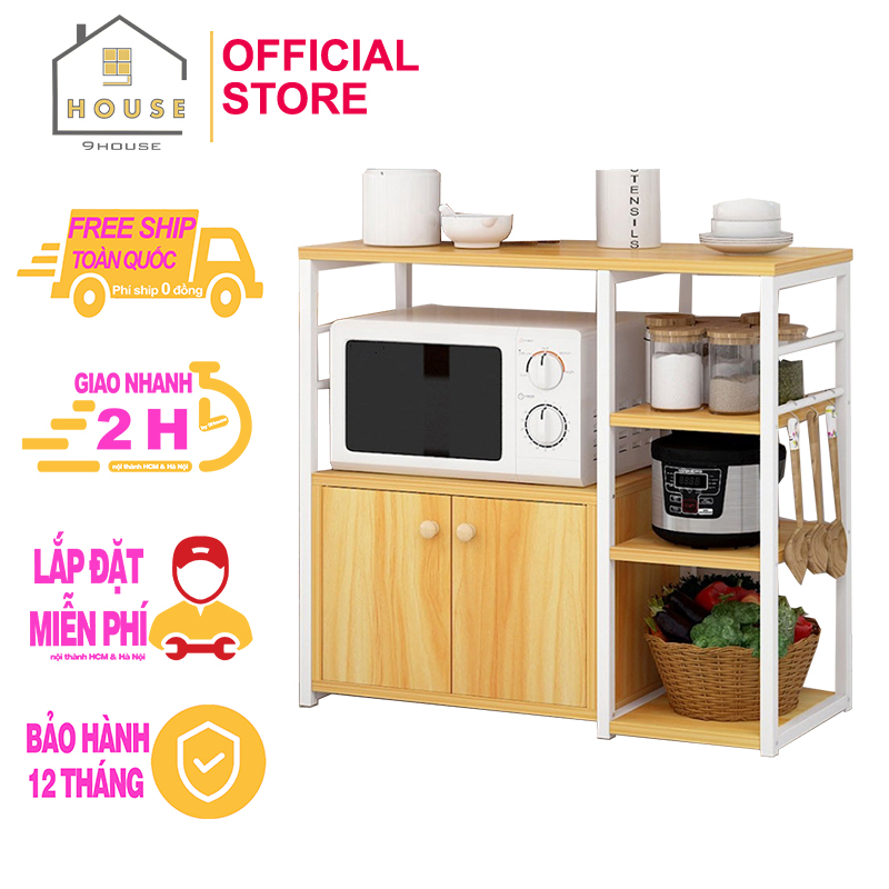 Kệ để lò vi sóng 3 ngăn có tủ 170-2 9House mẫu kệ bếp để lò nướng nồi cơm điện loại khung sắt dày sơn tĩnh điện chống rỉ mặt gỗ MDF lõi xanh chống ẩm bề mặt phủ melamine chống thấm nước cao cấp sản xuất tại Việt Nam
