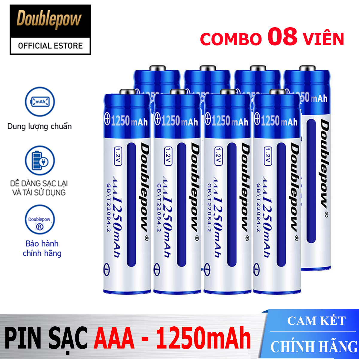 [Hộp 8 viên] Pin sạc AAA 1250mAh Doublepow cao cấp (pin xanh) - Bảo hành chính hãng