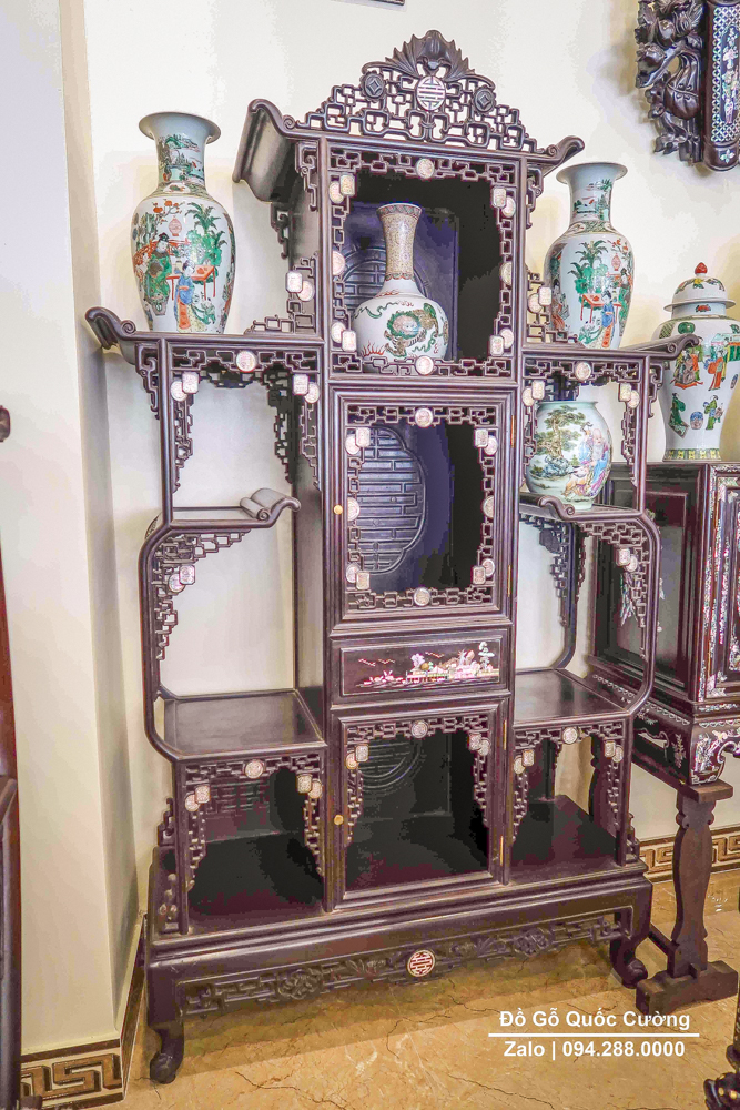 Tủ kệ bày đồ gỗ gụ chữ phúc - Tủ phúc khảm 59 chữ thọ siêu đẹp