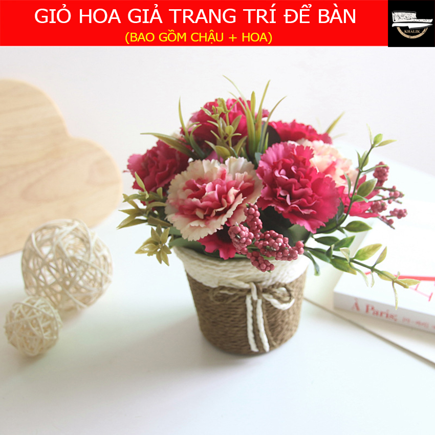 Hoa trang trí để bàn, chậu hoa giả, chậu hoa cẩm chướng  - HF002  (nhiều màu lựa chọn)