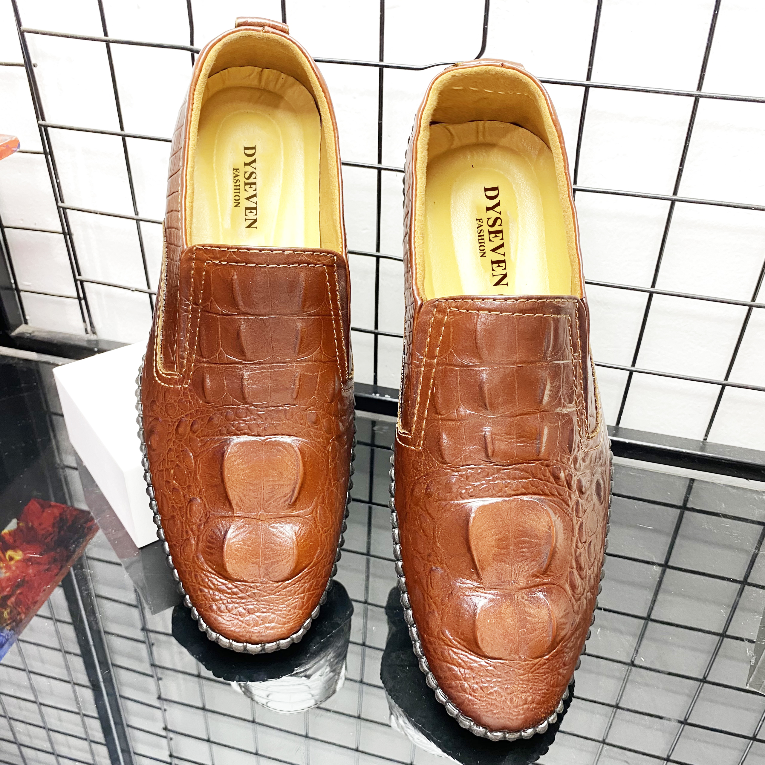 Giày Lười Nam Da Bò Dập Vân Cá Sấu Tinh Xảo, Giày Mọi Nam Da Bò Vân Cá Sấu Cao Cấp Siêu Êm, Siêu Bền