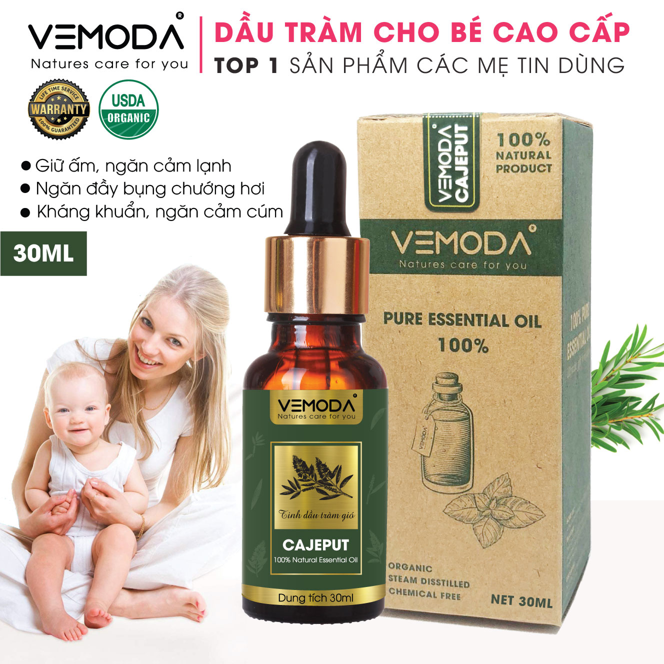 Dầu tràm cho bé cao cấp an toàn 30ML. Tinh dầu tràm gió Vemoda giúp giữ ấm, kháng khuẩn và chăm sóc bé yêu