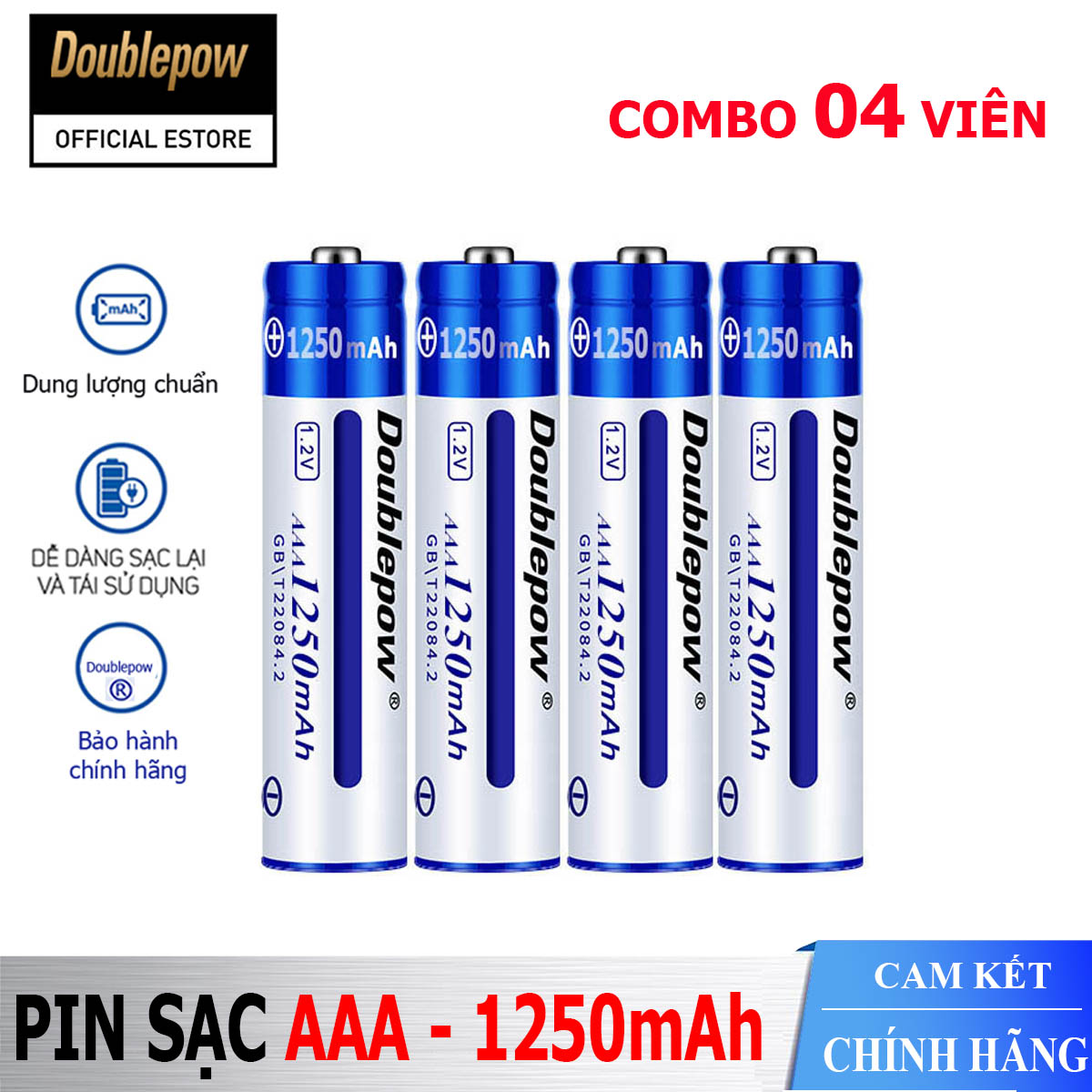 [Hộp 4 viên] Pin sạc AAA 1250mAh Doublepow cao cấp (pin xanh) - Bảo hành chính hãng