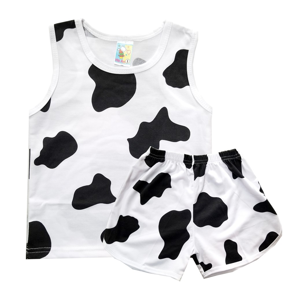 Đồ bộ đùi sát nách họa tiết đốm bò sữa cho bé trai bé gái chất cotton size 7-16kg