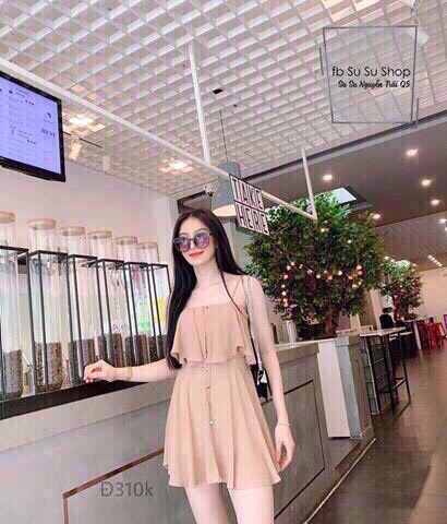Đầm hai dây đính nút siêu xinh