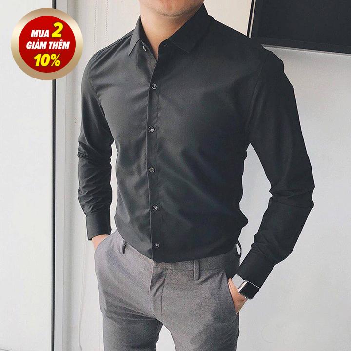 Áo sơ mi nam đen dài tay vải cotton mềm, thấm hút mồ hôi tốt, sơ mi nam công sở đẹp
