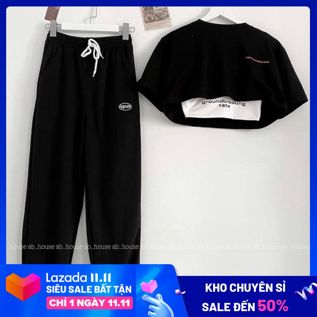 Set bộ quần spun + áo crop ground breaking , chất iệu tốt, bền màu, mang lại cảm giác thoải mái cho người mặc, cam kết sản phẩm như hinh