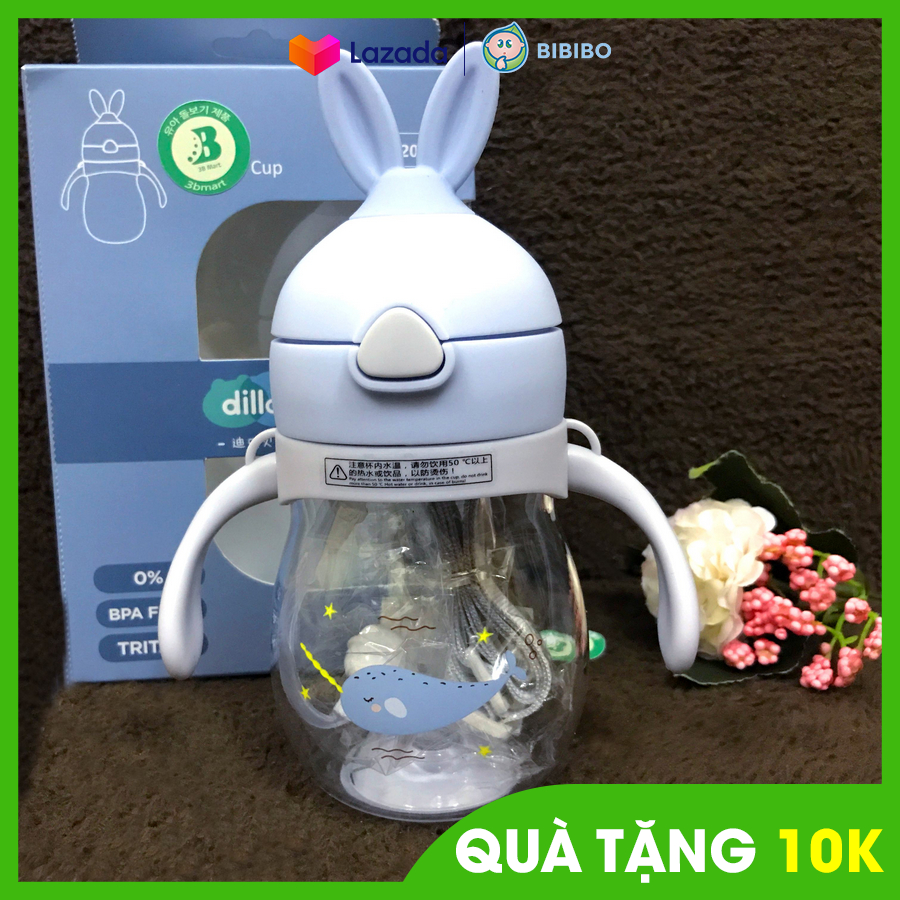 Bình uống nước chống sặc cho bé Diller, Bình tập uống có ống hút và dây đeo 320ml hình tai thỏ dễ thương bằng nhựa ABS cao cấp chịu nhiệt tốt, an toàn cho bé yêu