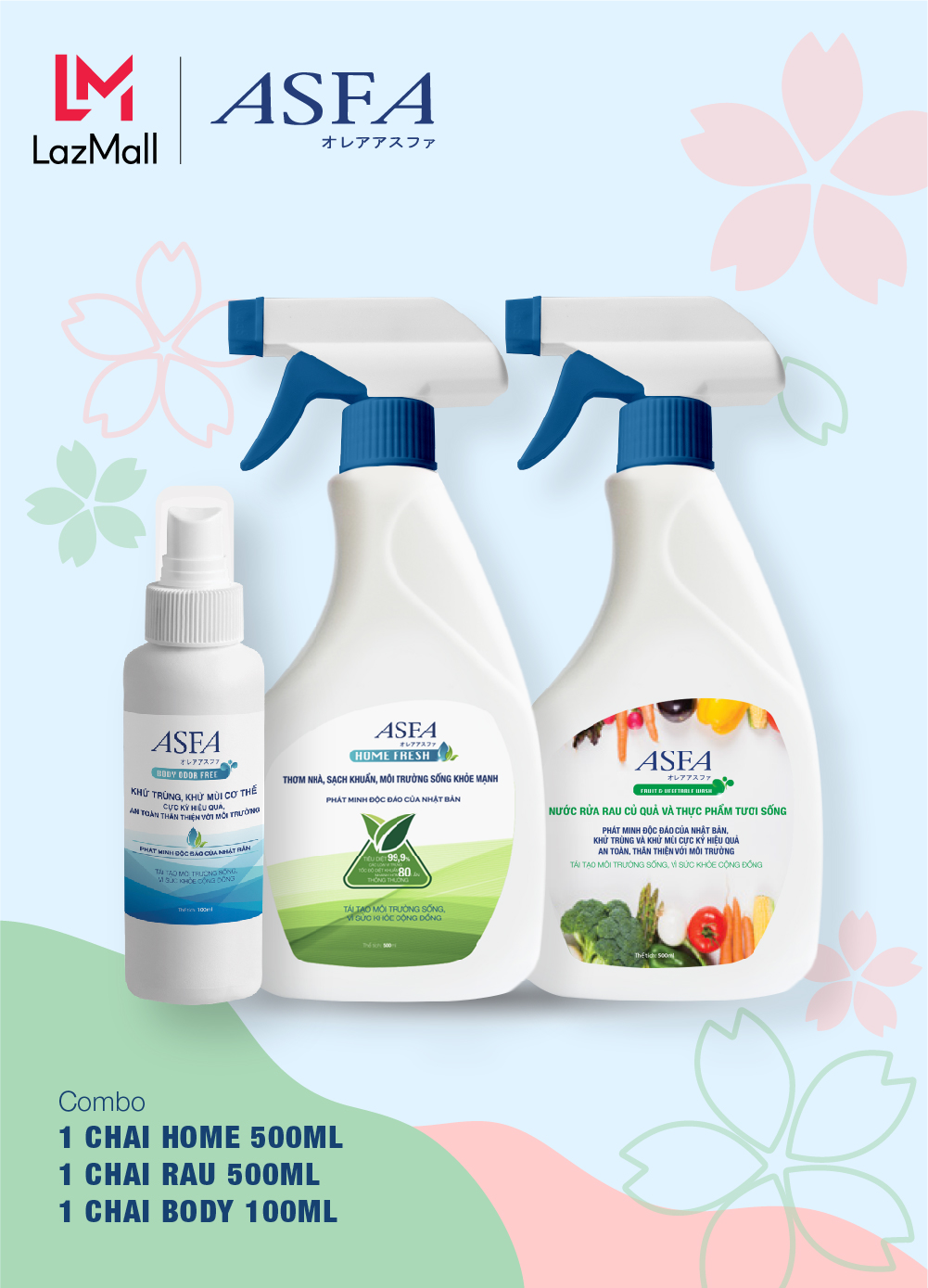 Combo nước diệt khuẩn ASFA 100ml 500ml và nước rửa rau quả 500ml, tiêu diệt các vi khuẩn, nấm mốc, nấm men có hại giúp bảo vệ sức khỏe