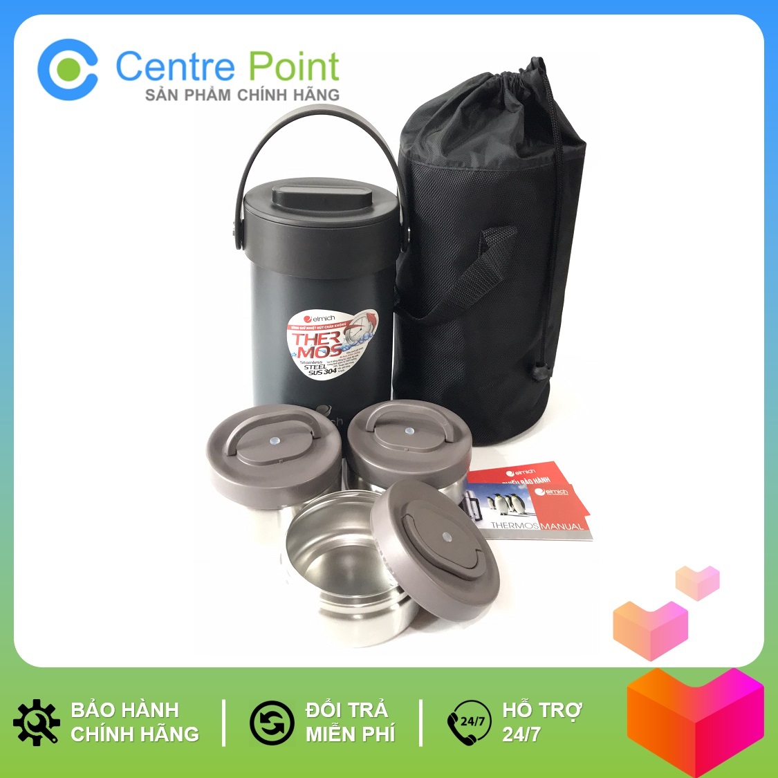 Bộ hộp cơm / Bình đựng thức ăn giữ nhiệt cao cấp Elmich EL-3129 1500ml - Bảo hành 12 tháng - Nhập khẩu châu Âu