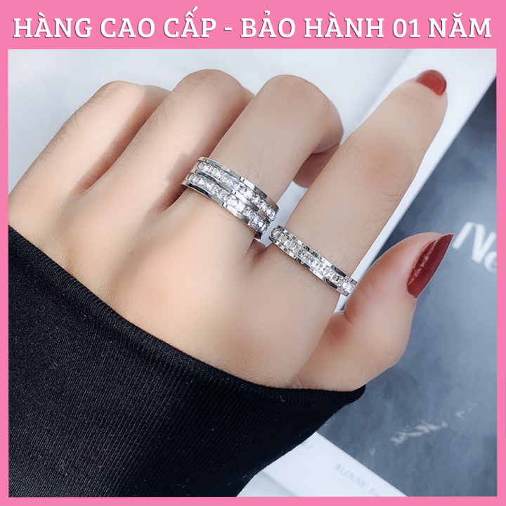 Nhẫn Đôi Nam Nữ Titan Cao Cấp Ko Đen Đính 2 Hàng Đá
