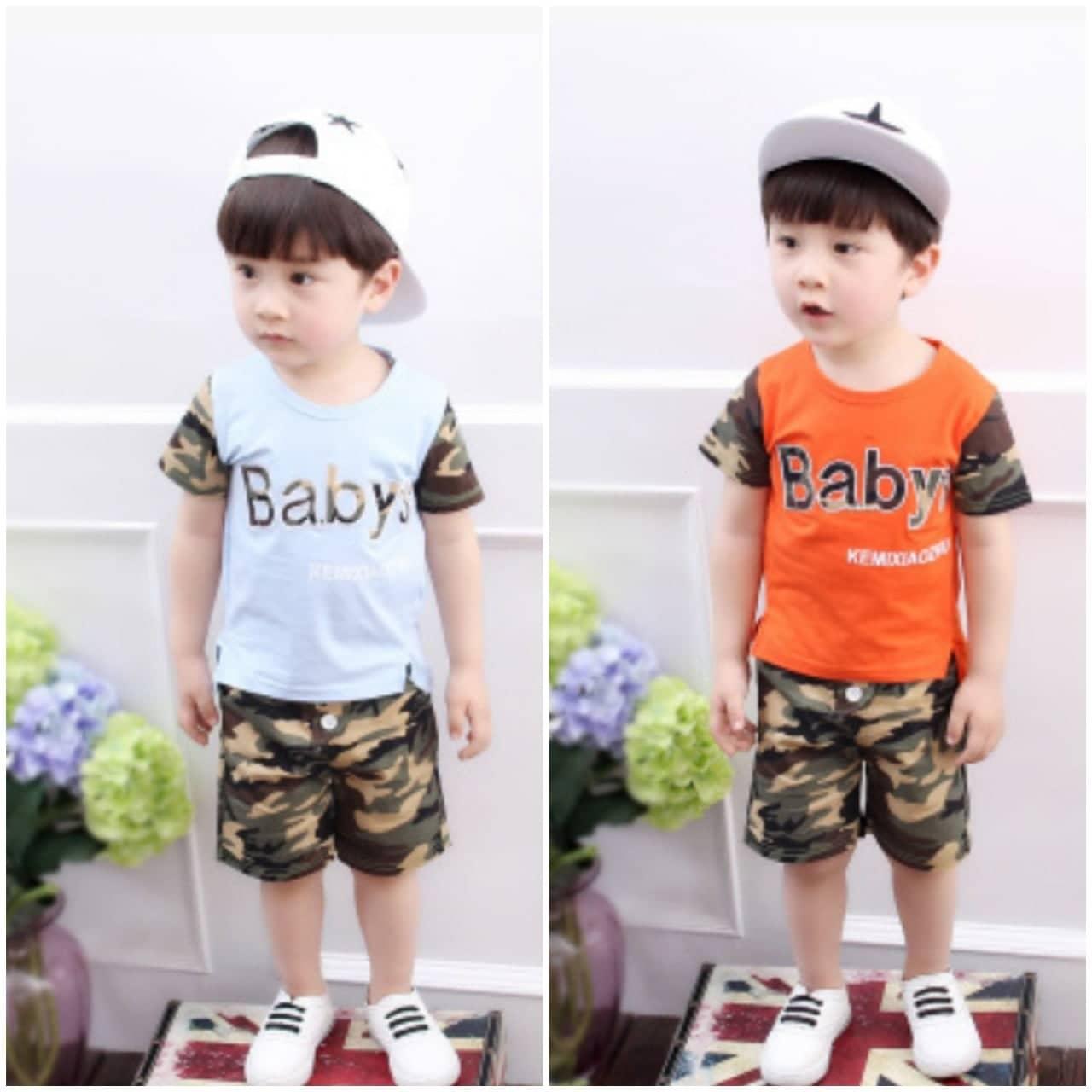[HCM]Quần áo trẻ em mùa hè Bộ quần áo bé trai đồ bộ bé trai bộ thun tay ngắn bé trai in chữ babys cho bé trai từ 8kg đến 18kg (màu xanh màu cam) [Chuột Lắc Store]