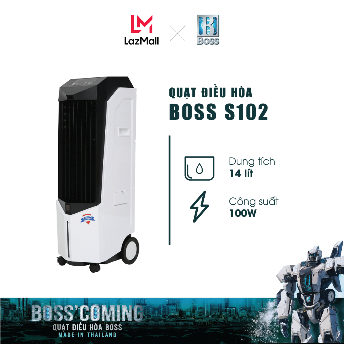 [Trả góp 0%]Quạt điều hòa Boss S102 - 14 lít - 100W | Bảo hành 12 tháng chính hãng | Made in Thailand