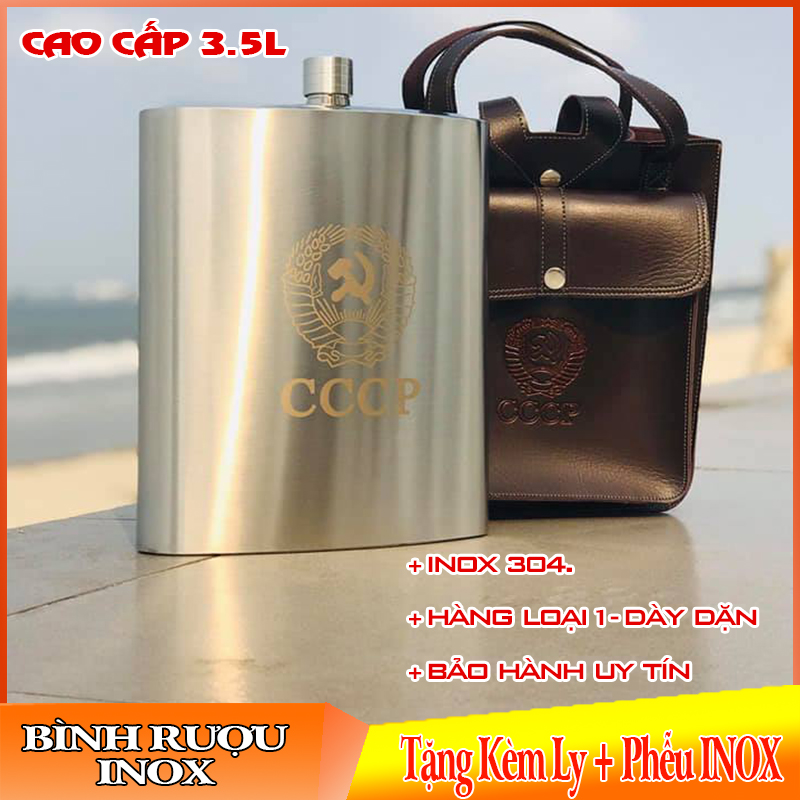 (3 Ngày Miễn Ship + Tặng Quà) Bình đựng rượu inox cccp logo vàng 3.5L loại dày 0.8mm + tặng phễu + tặng kèm bao da