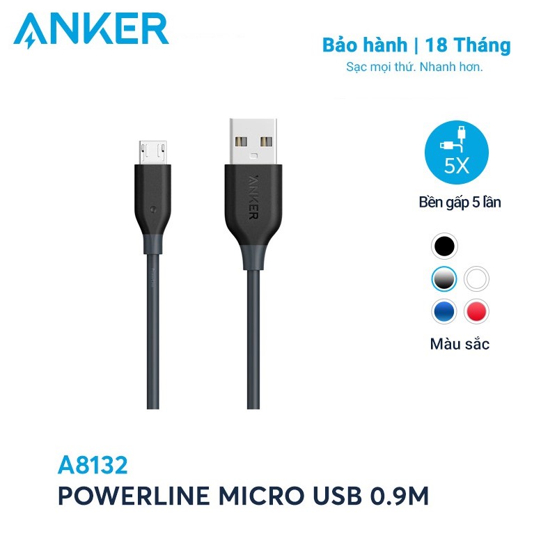 Cáp sạc ANKER PowerLine Micro USB dài 0.9m - A8132 - Sử dụng cho các điện thoại Android và các thiết bị dùng cổng sạc Micro USB