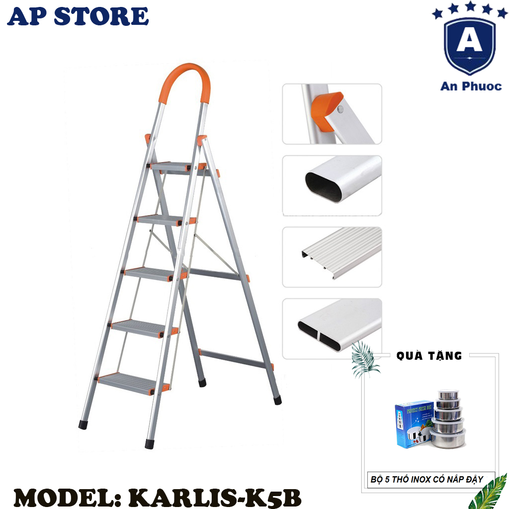[HCM]Thang Nhôm Ghế Xếp 5 Bậc Karlis K5B | Bàn Đạp Bằng Thép Có Lớp Chống Trượt Và Tay Vịn | Chịu Tải 150kg An Toàn Với Trẻ Em | Bảo Hành Chính Hãng 12 Tháng | Tặng Bộ 5 Thố Inox