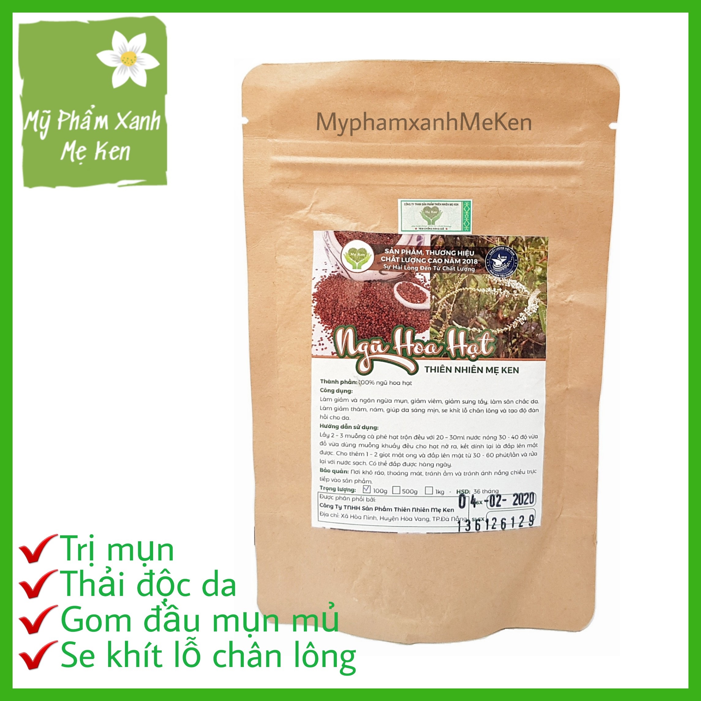 Mặt nạ ngũ hoa hạt ( hạt đình lịch) Mẹ Ken Giảm mụn, ngăn ngừa mụn, thải độc da, giảm thâm nám, dưỡng trắng da, se khít lỗ chân lông ( có tặng kèm cọ quét mặt nạ) – 100gr