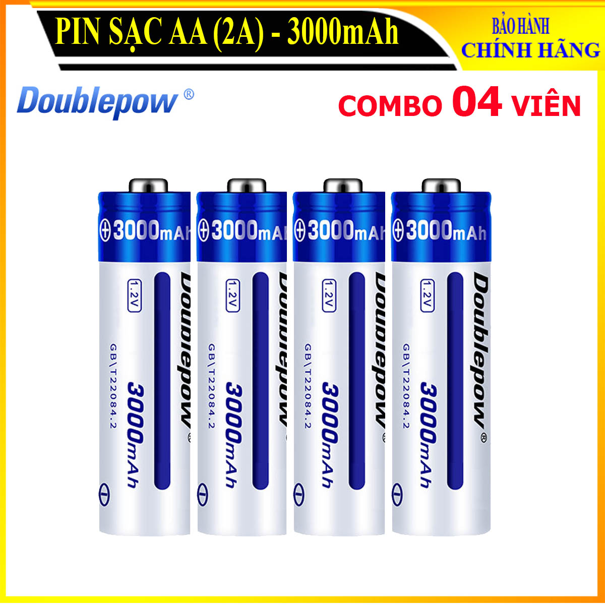 [Combo 4 viên] Pin tiểu sạc AA 3000mAh Doublepow cao cấp (pin xanh) - Bảo hành chính hãng