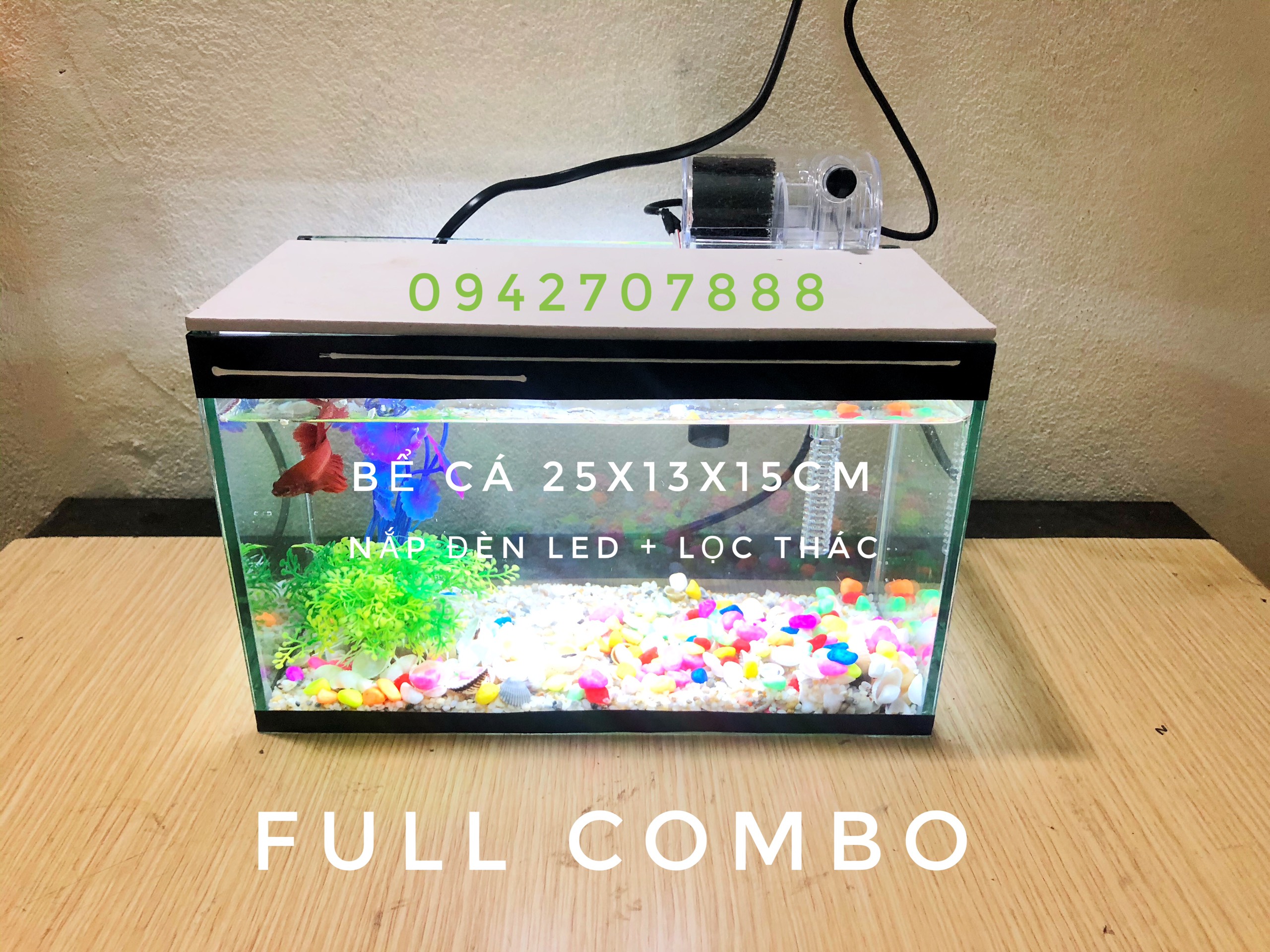 Set bể cá mini 25cm và 7món ( Bể,nắp đèn led,lọc thác mini, sỏi màu cao cấp, vỏ sò biển Cửa Lò, cây trang trí, thức ăn cá cảnh)