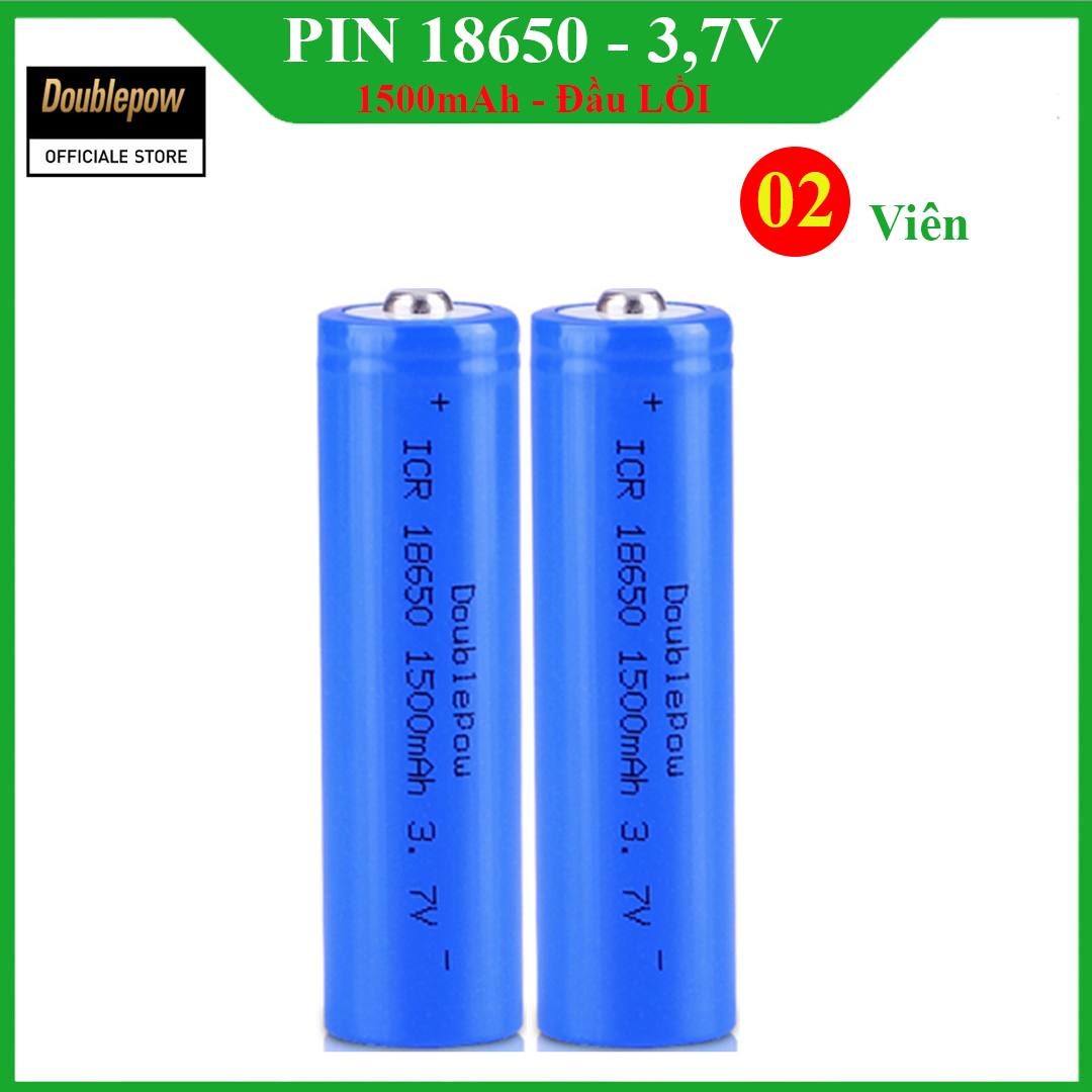 [02 viên] Pin 18650 - 3,7V sạc lại Doublepow - 1500mAh đầu lồi Doublepow, pin dung lượng thực - Pin chính hãng