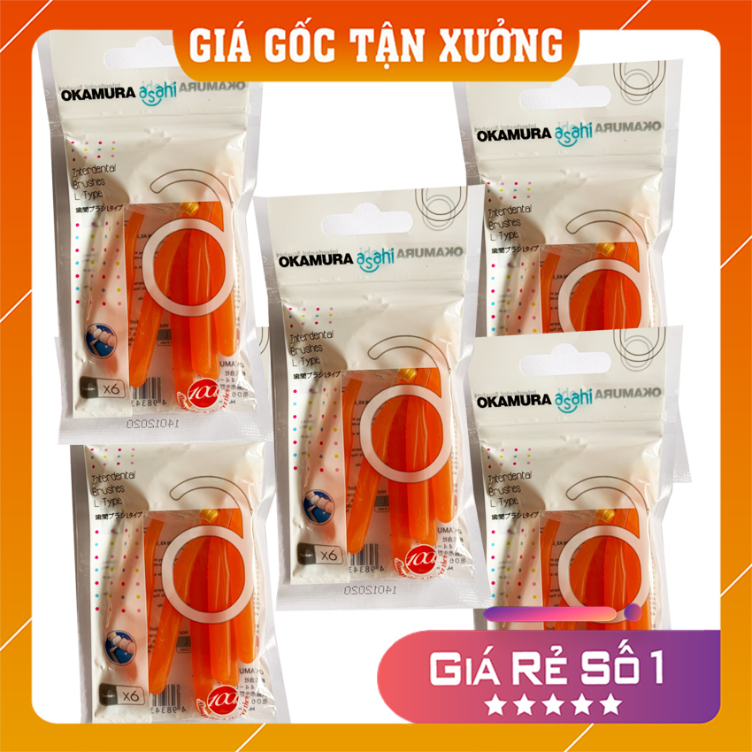 Gói 6 cái bàn chải kẽ răng chữ L Nhật Asahi Okamura dành cho người chỉnh nha cao cấp bàn chải kẽ răng cho răng niềng an toàn chất lượng Hạn sử dụng 10 năm - Nhà Của Bạn Store