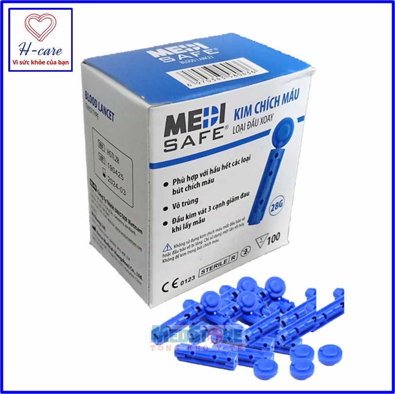 Kim lấy máu thử tiểu đường Medisafe hộp 100 kim - Kim chích máu thử đường huyết an toàn, không đau [TBYT H-Care]