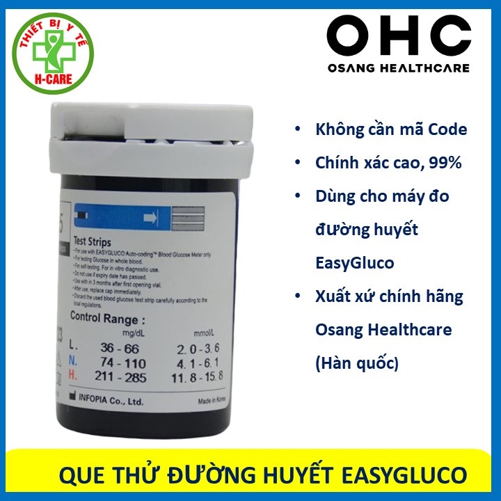 Que thử đường huyết EasyGluco lọ 25 que , Tin cậy chính xác -  Dùng cho máy đo tiểu đường EasyGluco- Made in Korea [TBYT H-Care]