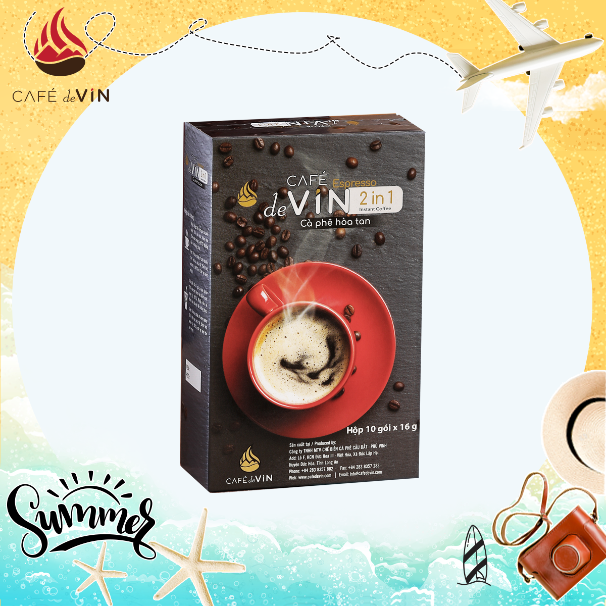 Cà Phê Đen Hoà Tan - Espresso Café deVIN 2in1 (Hộp 10 gói x 16g)