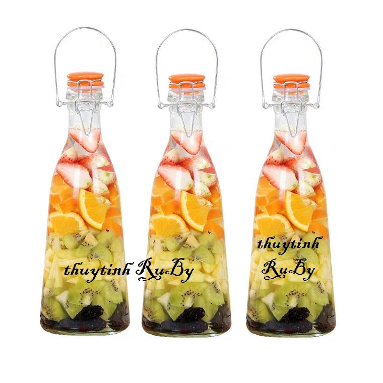 Combo 3 bình nước thủy tinh dây xách 500ml, chai thủy tinh nắp cài sứ, bình detox