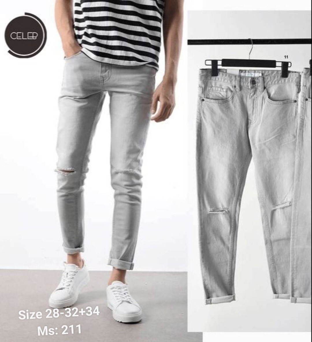 [HCM]Quần jean nam màu xám rách gối 211