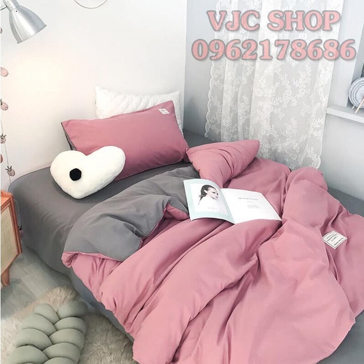 Bộ Chăn Ga Gối Cotton Tici (4 Món) Phối Màu Hồng - Ghi Xám Chất Đẹp Mềm Mại Không Xù Nhiều Cỡ Lựa Chọn