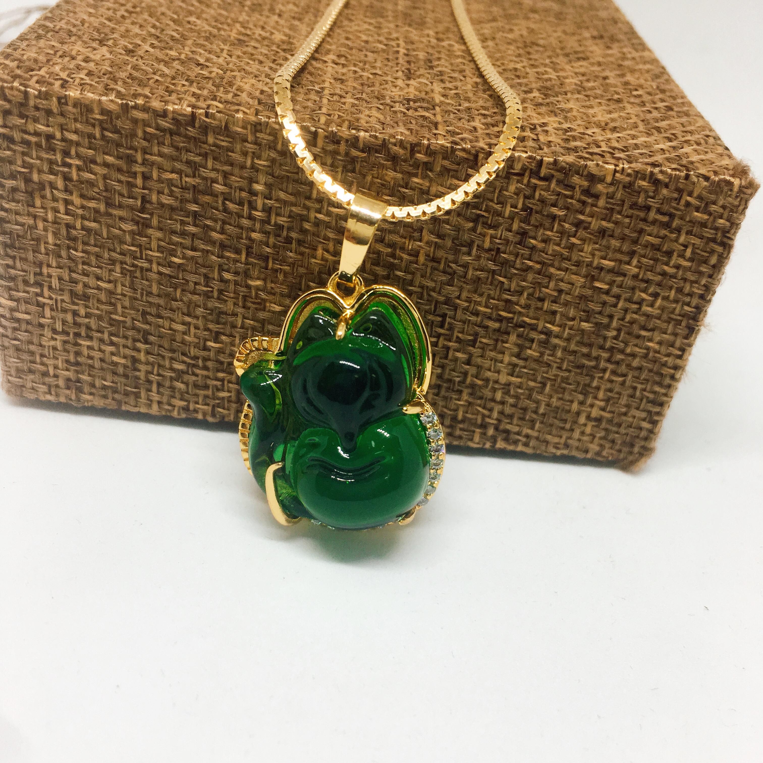 Nữ trang phong thủy Dây chuyền nữ mặt Hồ Ly đá LAMASIA bọc bạc Thái mạ vàng đính đá, trang sức phong thủy, may mắn, tài lộc, trang sức cao cấp (dây và mặt) (màu xanh lá)