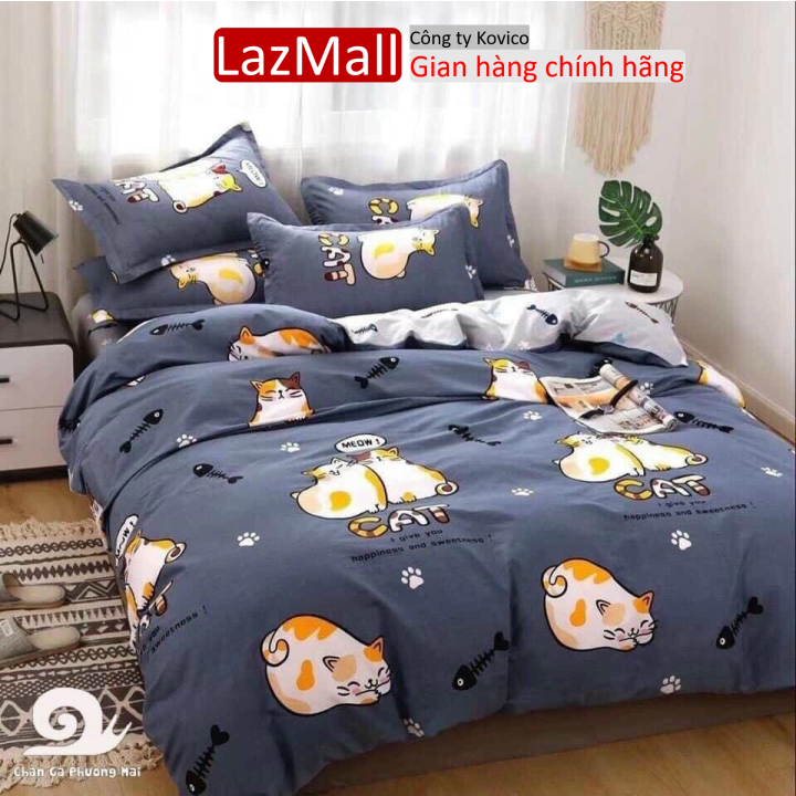 Bộ vỏ chăn ga gối cotton poly nhập khẩu set 4 món mẫu mèo nền xanh Sunzin Kho chăn ga gối, ga giường, drap giường