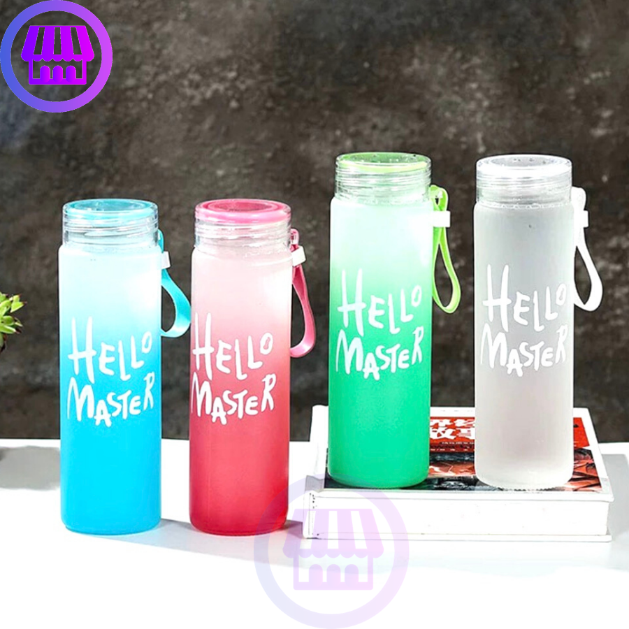 Chai thuỷ tinh đựng nước in chữ hello master dung tích 420ml kn-a001