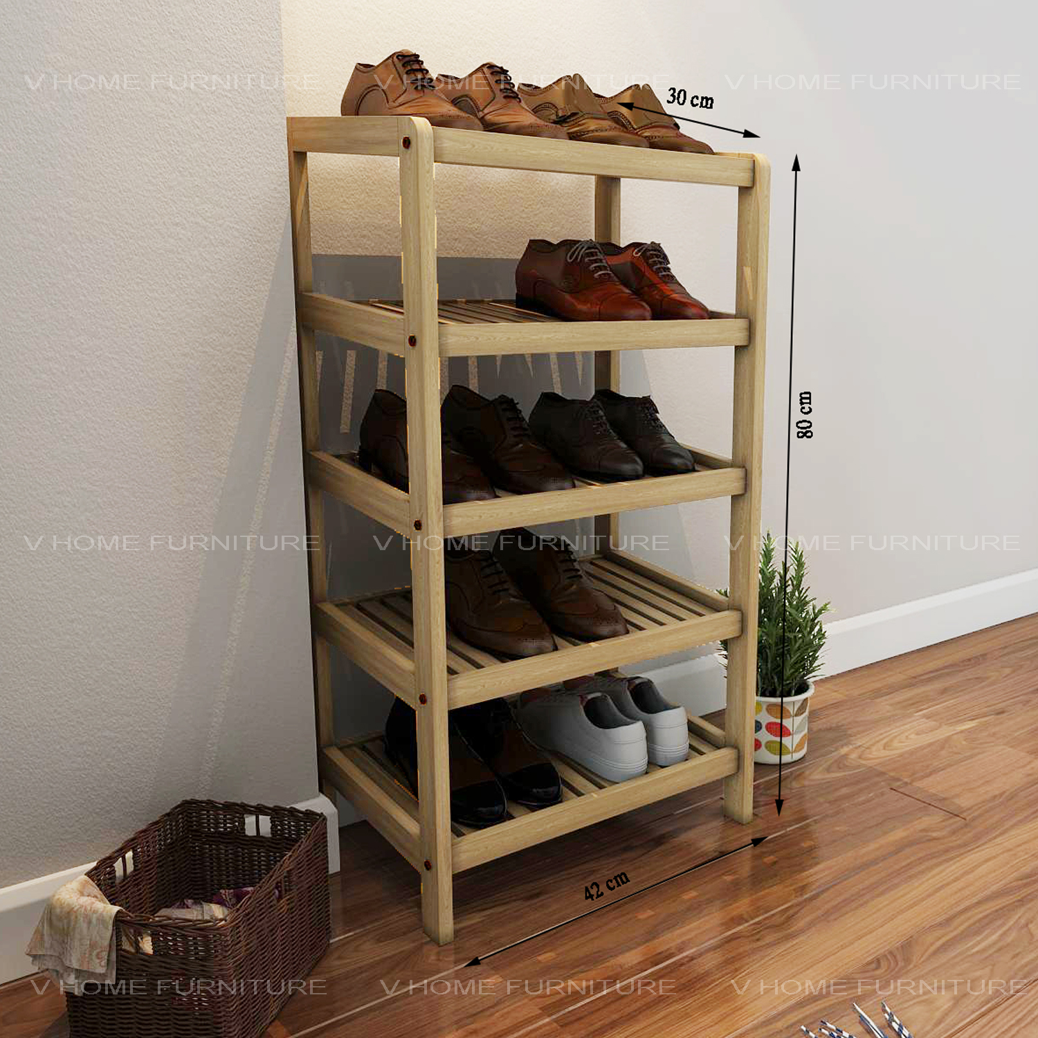 Kệ giầy , dép gỗ cao su 5 tầng x 42cm